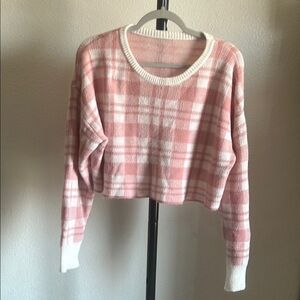 Boxy Cropped Plaid Pink Sweater